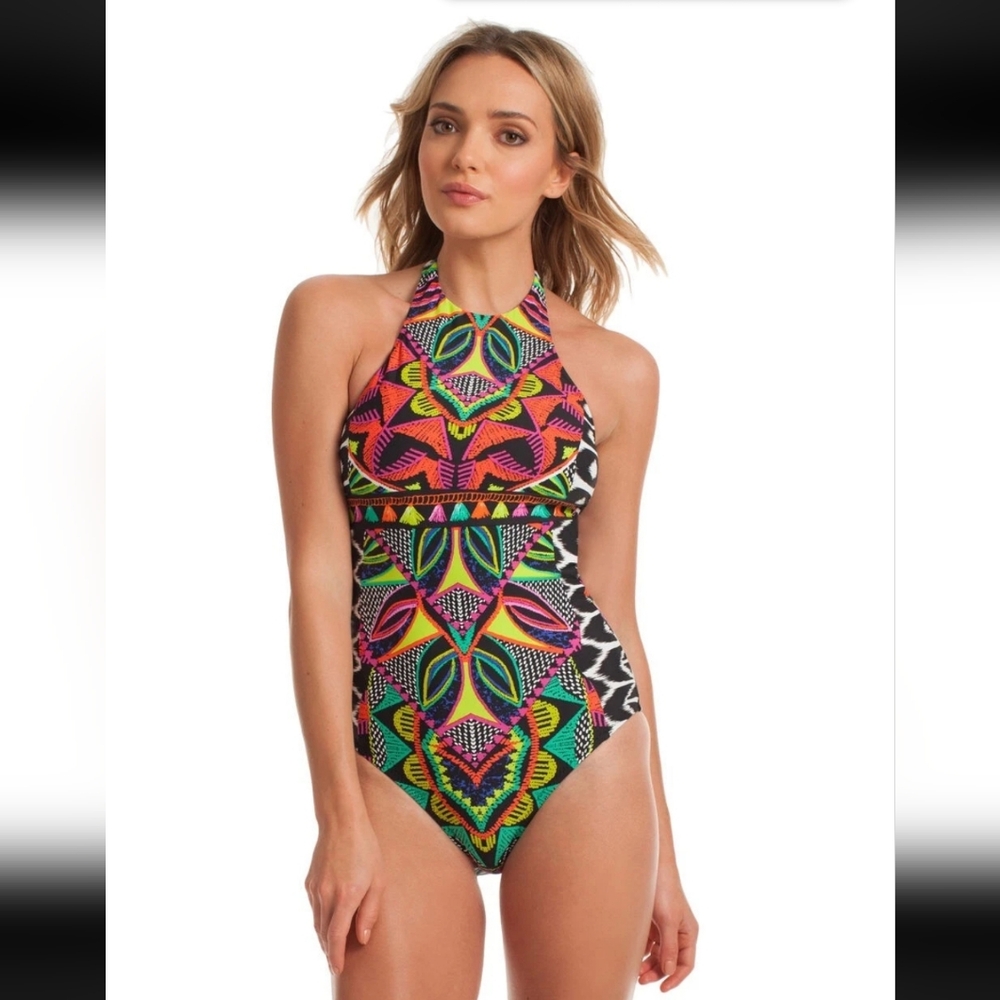 NWT $156 Sz 8 TRINA TURK AFRICANA HIGH NECK ONE PIECE SWIMSUIT GORGEOUS!